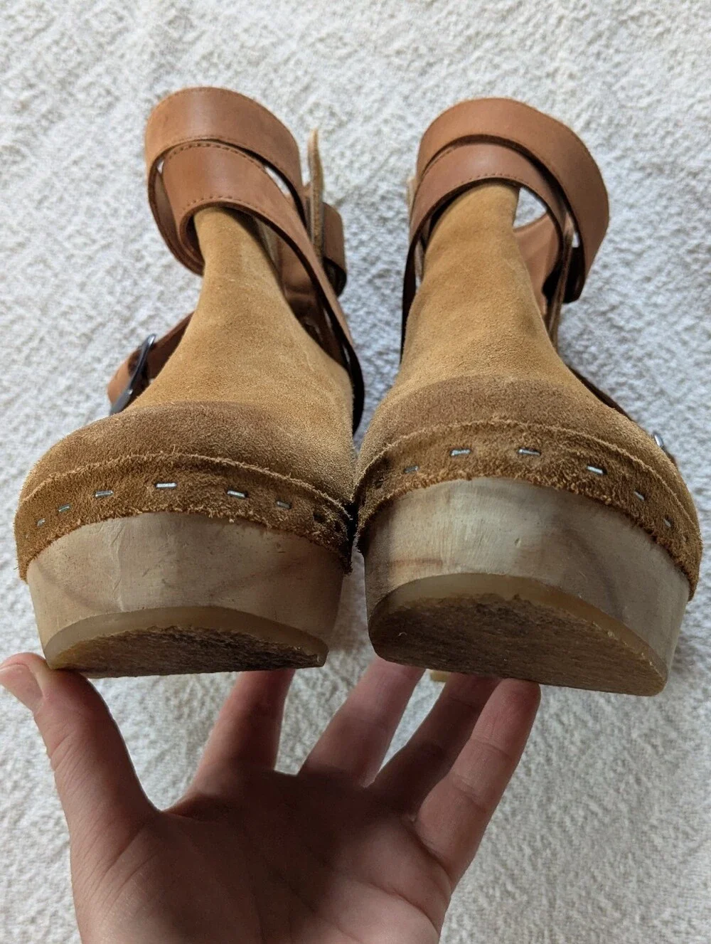 Free People Bungalow Wooden Clog Ankle Boot Strap Suede Sand Sz 39